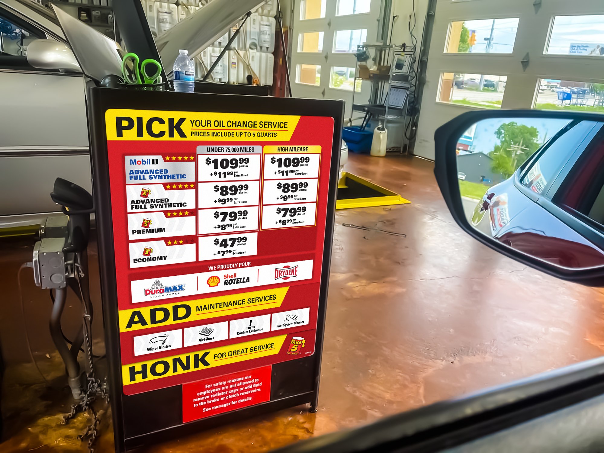 Take 5 Oil Change menu board