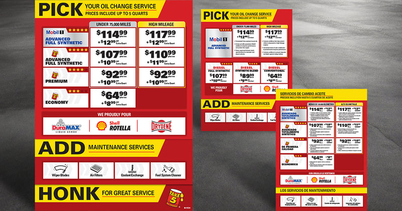 Take 5 Oil Change menu boards